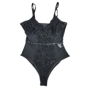 Sheer Slim Fit Spaghetti Strap Cami Bodysuit Backless Womens Size Medium Black
